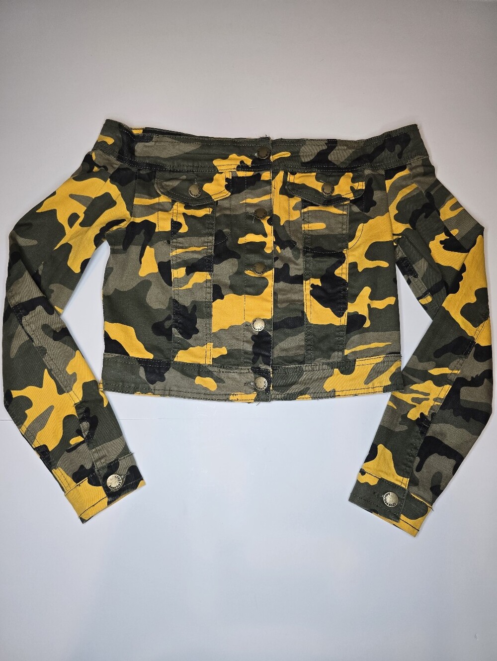 American Bazi Women’s Off Shoulder Camo Crop Jacket Long Sleeve Military Style M